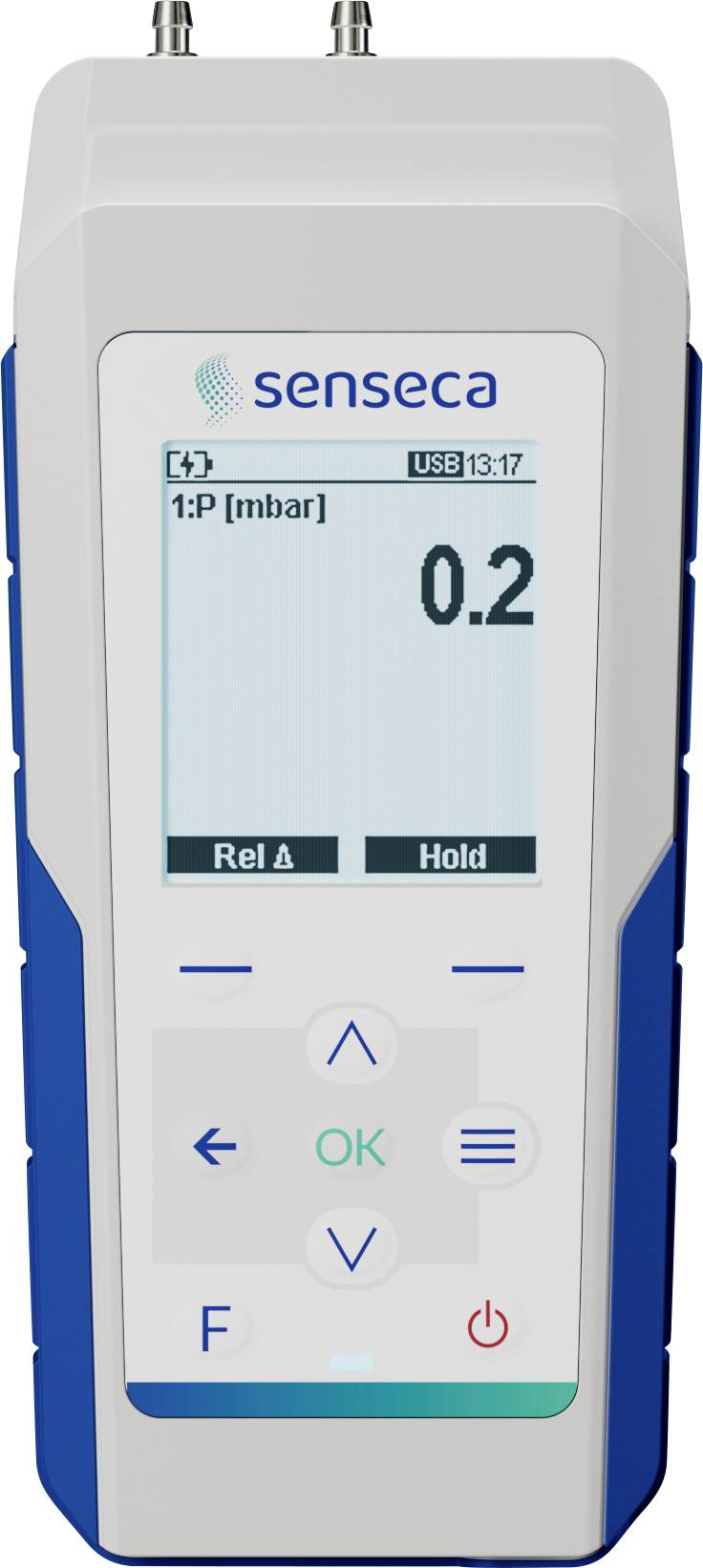 Digitales Druckmessgerät mit Anzeigebildschirm, der '0,2 mbar' zeigt, mit USB-Anschluss, 'Rel'- und 'Hold'-Tasten, von der Marke Senseca.