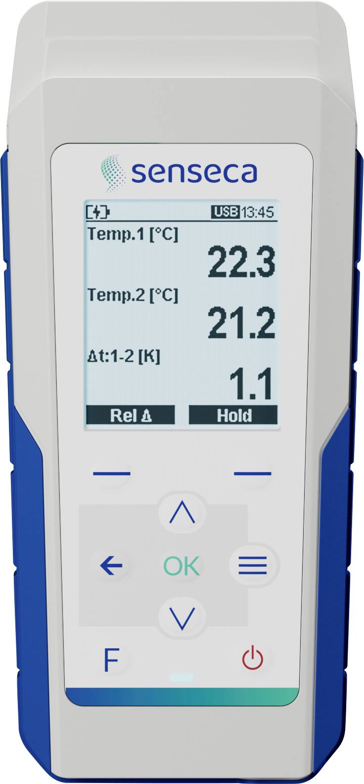 Messgerätanzeige zeigt Temp.1: 22,3°C, Temp.2: 21,2°C, Δt: 1,1 K. Tasten beschriftet: Rel ∆, Hold, OK und F.