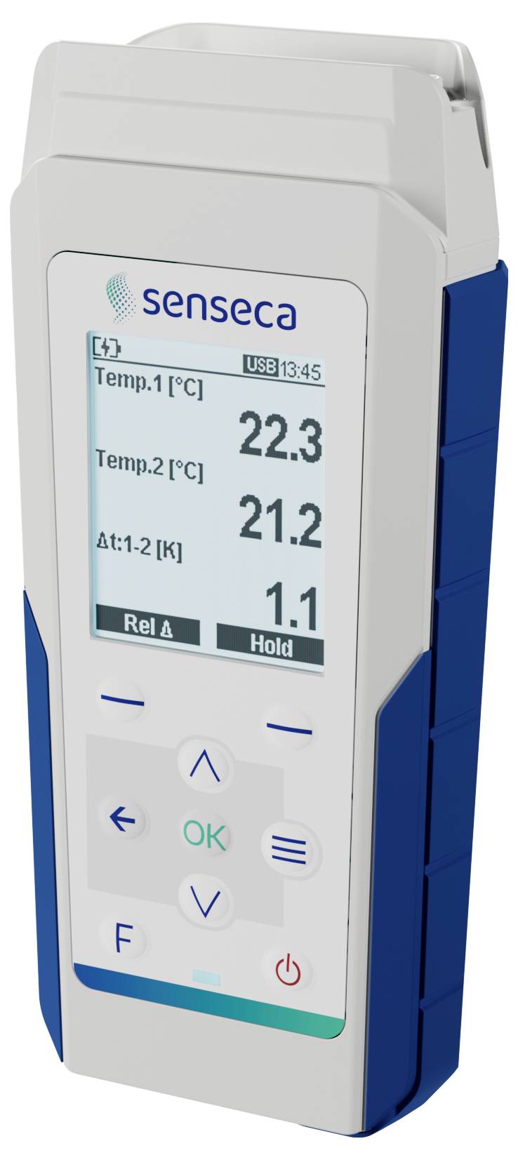 Ein digitales Thermometer mit der Anzeige 'Temp.1: 22,3 °C', 'Temp.2: 21,2 °C' und '∆t: 1,1 K' auf dem Display, mit Bedientasten darunter.