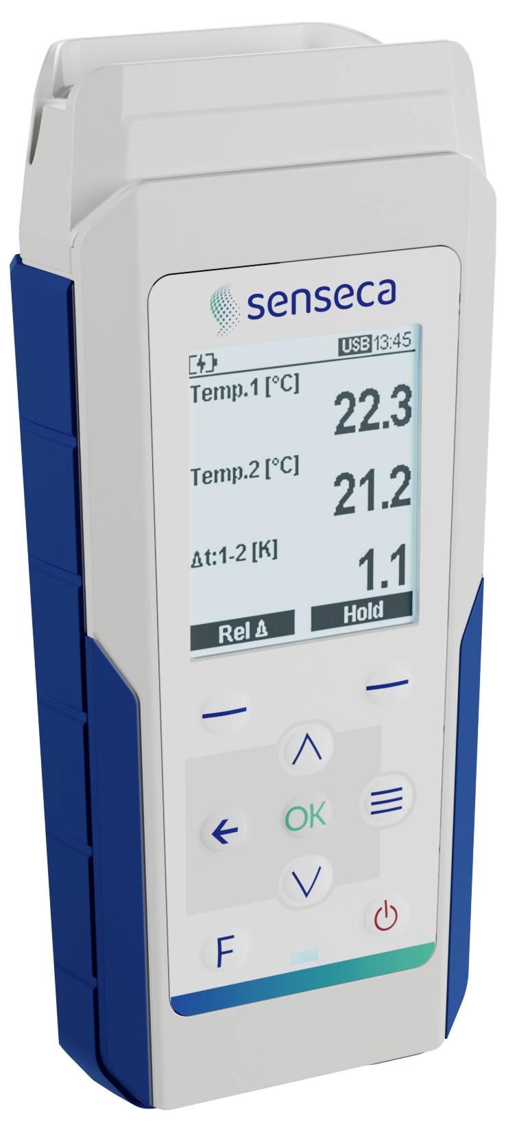 Tragbares digitales Thermometer mit blauen Akzenten, das 'Temp.1 [°C]: 22,3', 'Temp.2 [°C]: 21,2' und 'Δt: 1,1 K' anzeigt.