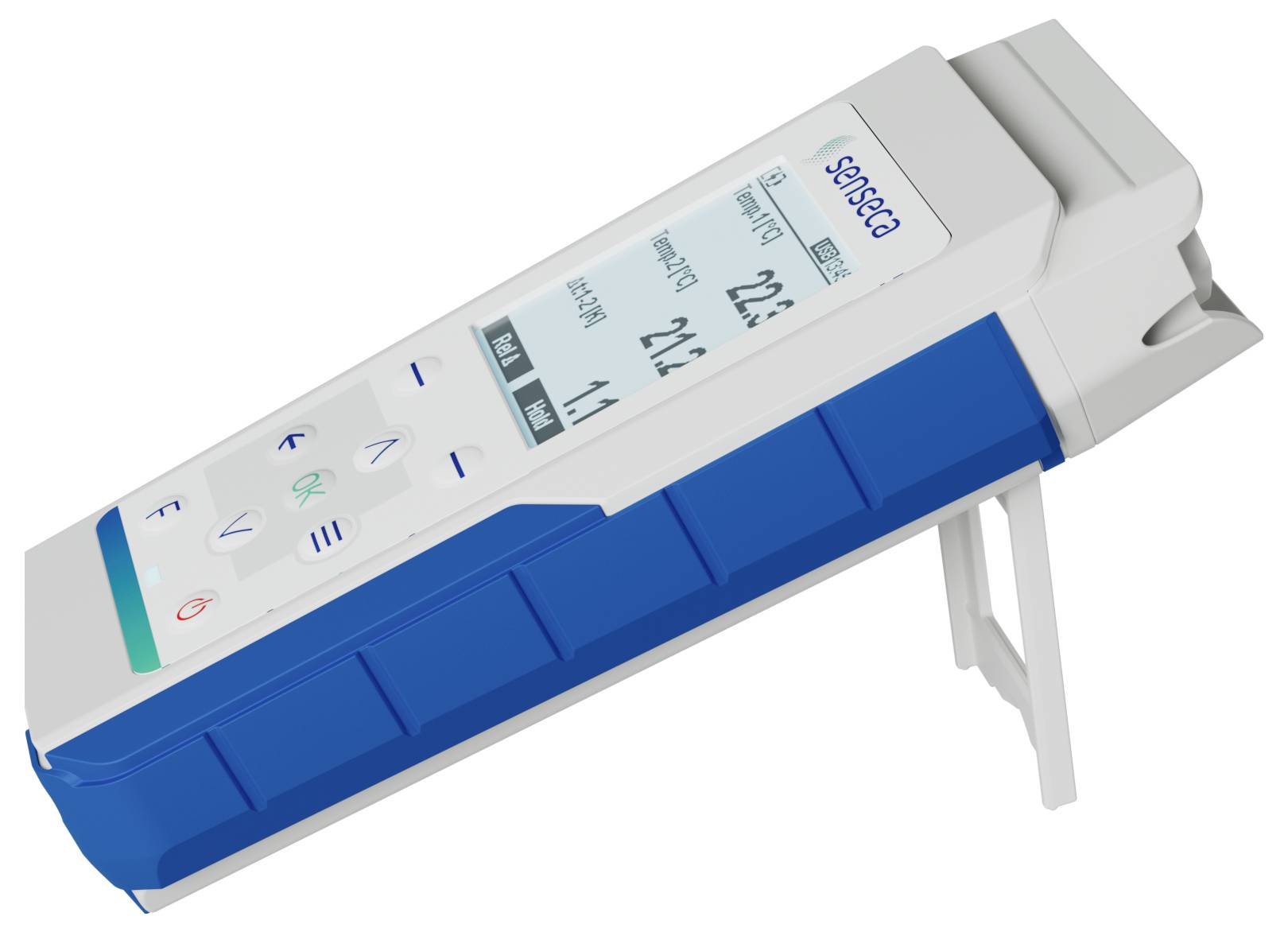 Ein tragbares medizinisches Gerät mit digitaler Anzeige und blauem Gehäuse, das numerische Ablesungen zeigt. Es verfügt über Bedienungstasten und einen Ständer.