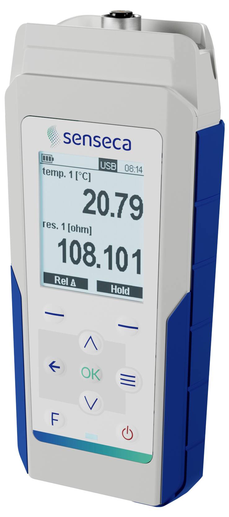 Ein tragbares Gerät mit einem Display, das 'temp. 1 [°C] 20,79' und 'res. 1 [ohm] 108,101' zeigt. Mit Tasten versehen und mit 'senseca' beschriftet.