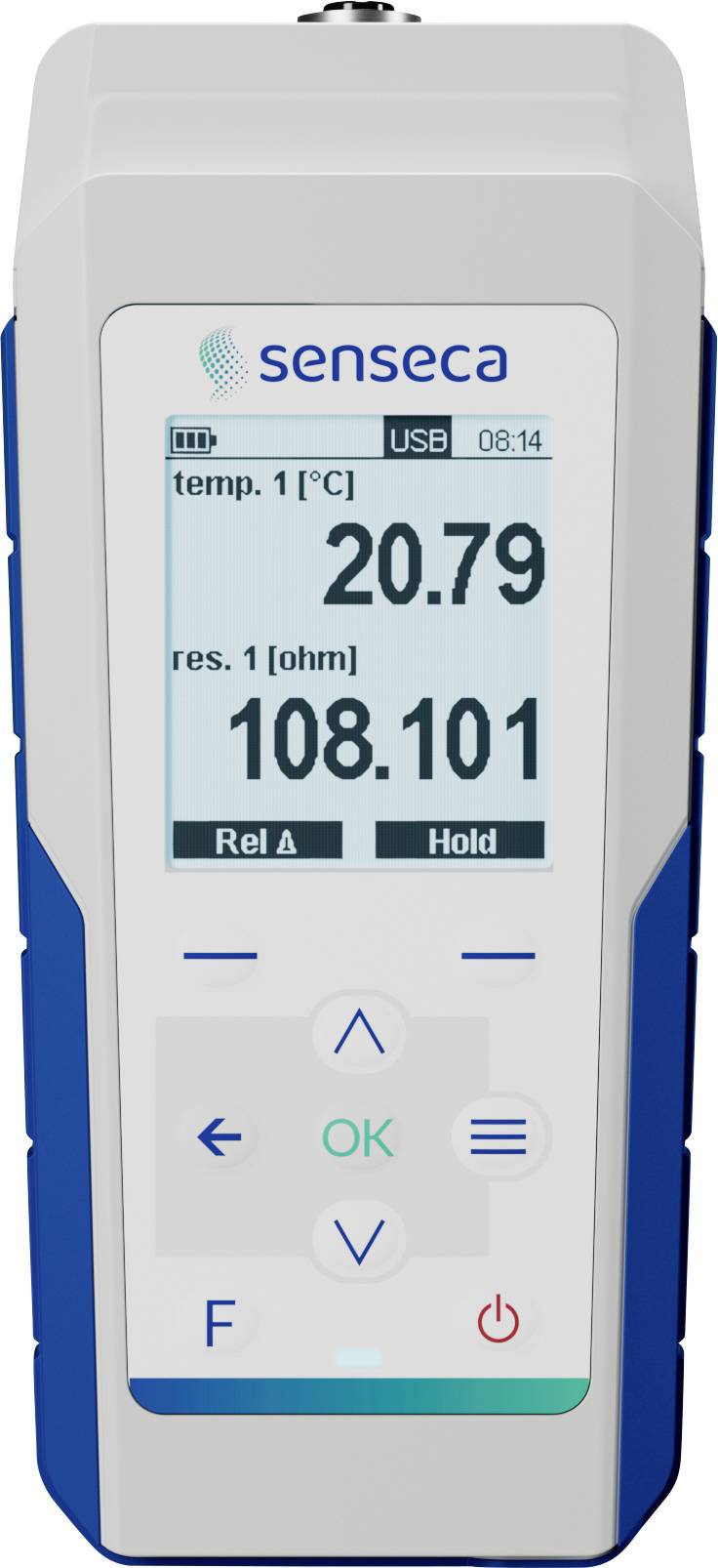 Ein tragbares digitales Messgerät zeigt 'Temp. 1 [°C] 20,79' und 'Res. 1 [Ohm] 108,101' mit Tasten zur Navigation und Einstellung.