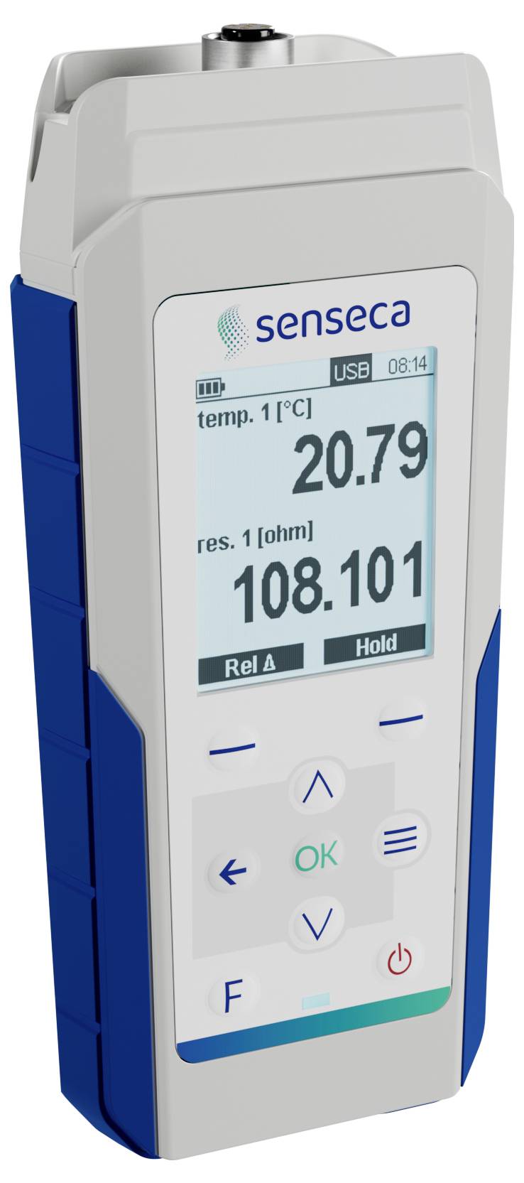 Ein tragbares elektrisches Gerät, das die Temperatur als '20,79°C' und den Widerstand als '108,101 Ohm' anzeigt, mit der Bezeichnung 'senseca'.