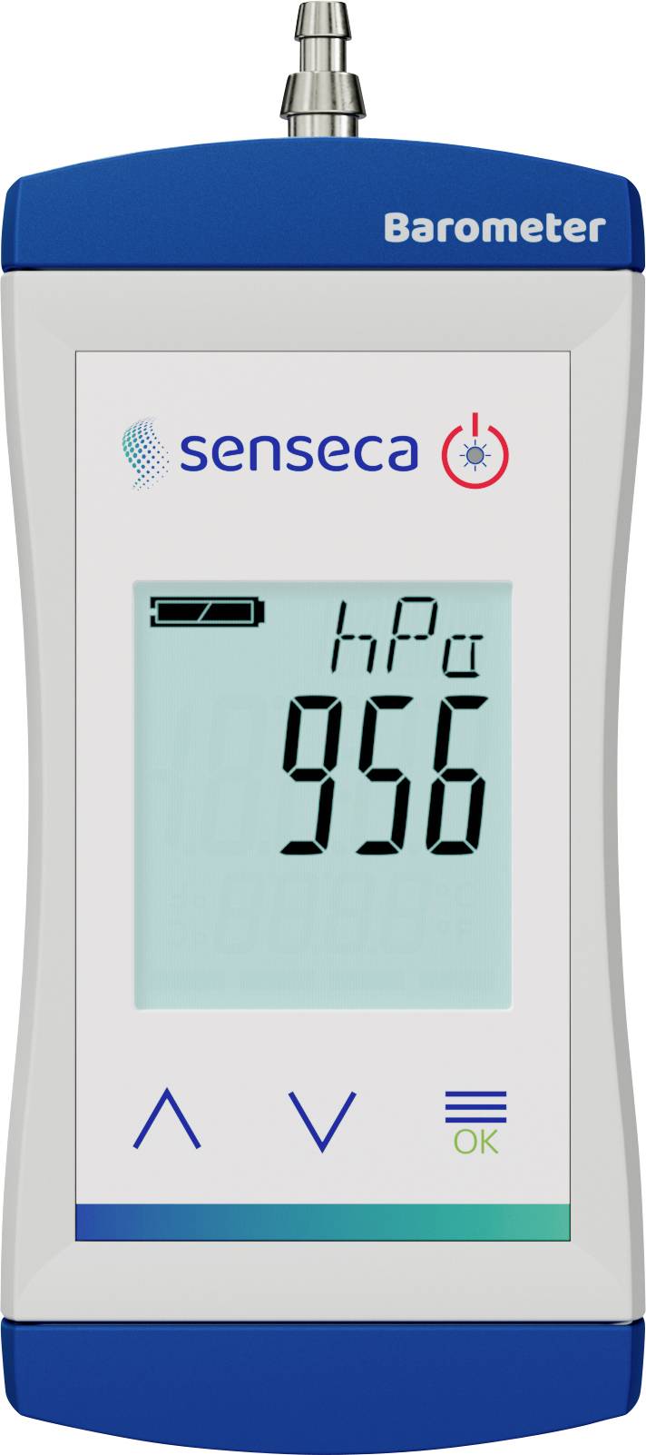 Digitaler Barometer mit Anzeige von 'hPa 956' und Navigationsschaltflächen unterhalb des Bildschirms. Der Markenname ist oben sichtbar.