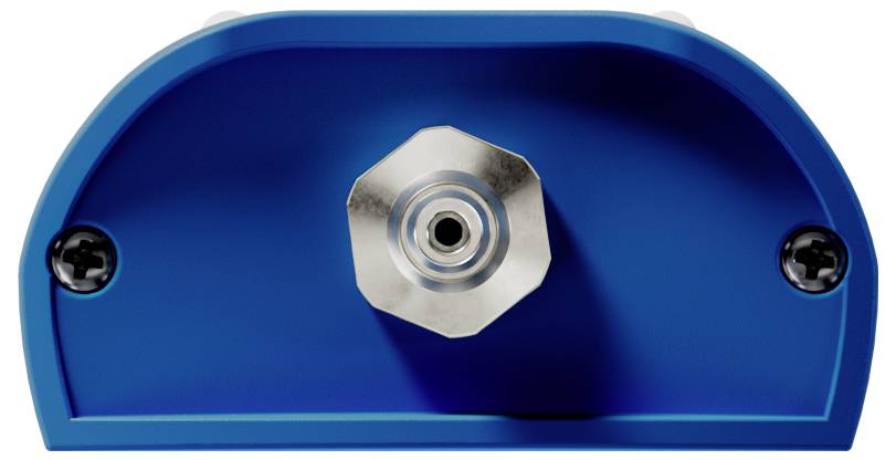 Blaue mechanische Komponente mit sechseckigem Metallverbinder und zwei Schrauben, möglicherweise Teil einer größeren Maschine oder eines Geräts.