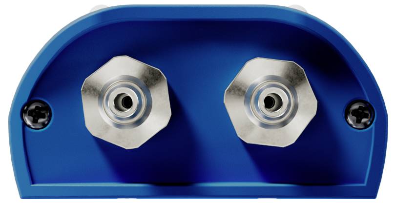 Ein blauer, rechteckiger Apparat mit zwei kreisförmigen Metallverbindern an der Vorderseite.