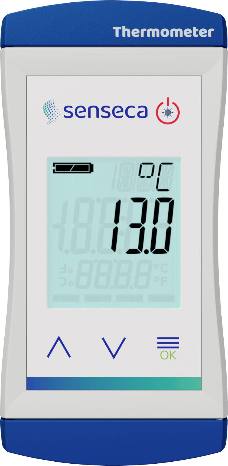 Ein digitales Thermometer mit der Anzeige '13,0°C', mit Einstellungstasten, Batteriestandsanzeige und dem Markennamen 'Senseca', der auf dem Bildschirm sichtbar ist.