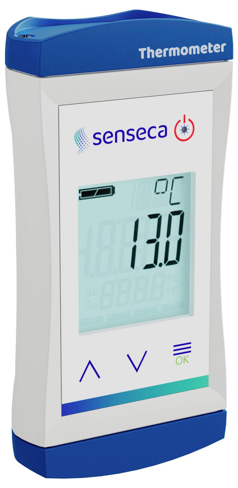 Digitales Thermometer mit der Anzeige '13,0°C' auf dem Display. Das Gerät verfügt über Tasten unterhalb des Displays mit Navigationssymbolen.