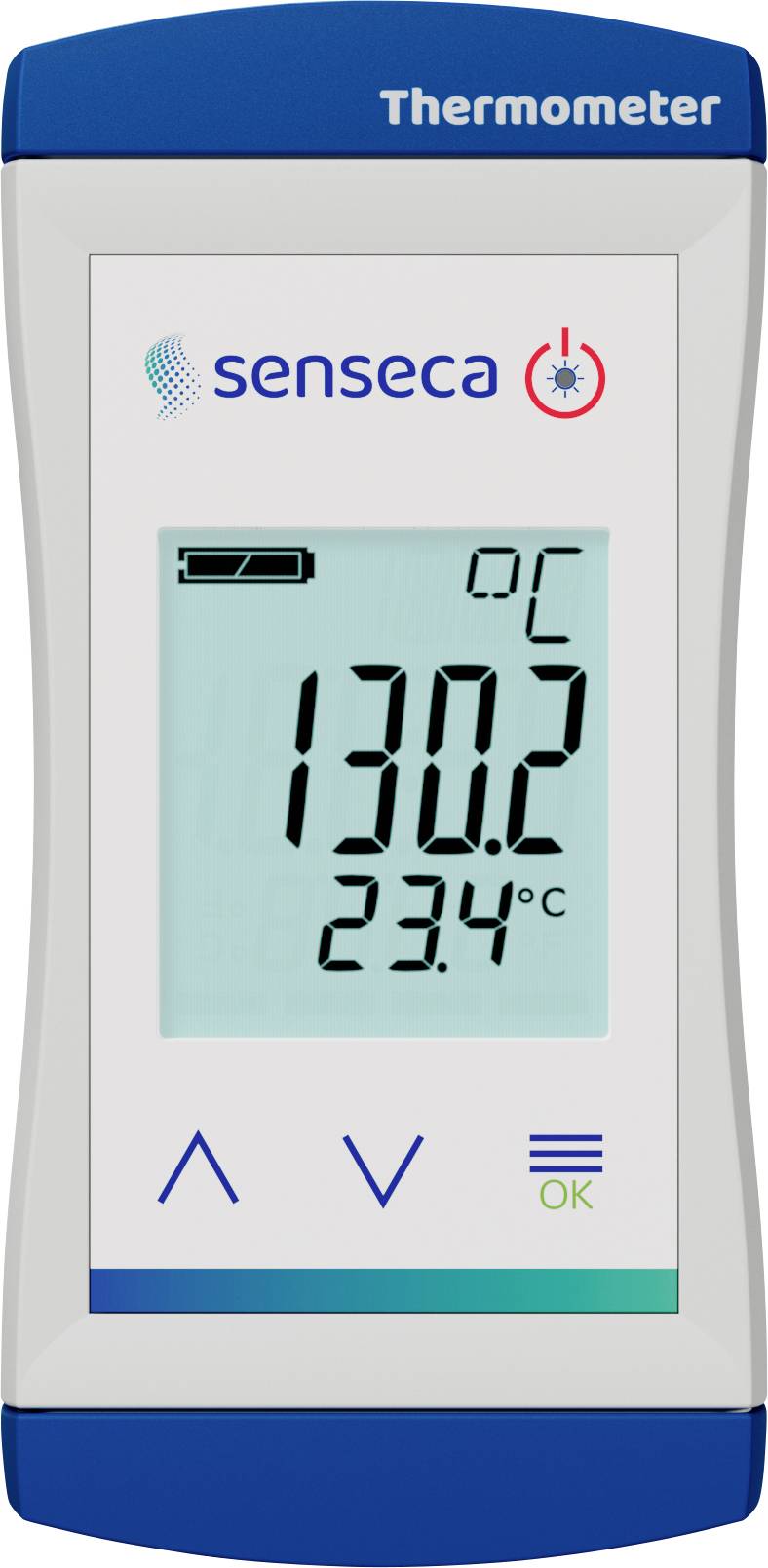Digitales Thermometerdisplay mit der Anzeige '130,2°C' und '23,4°C', mit dem Markennamen 'senseca' und einem Warnsymbol, das Überhitzung anzeigt.