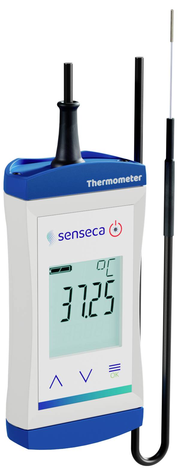 Digitales Fieberthermometer, das '37,25°C' auf dem Display anzeigt, mit angeschlossenem Messfühler.