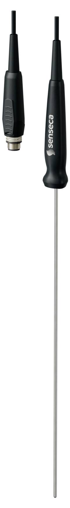 Eine lange, dünne Metallsonde mit Thermometer, schwarzem Griff und Anschluss.