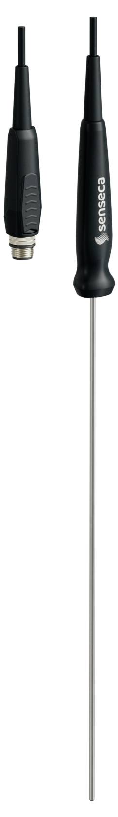 Eine schwarzgriffige Sonde mit einer dünnen Metallstange, über ein Kabel mit einem Stecker verbunden, wird typischerweise zur präzisen Temperaturmessung beim Kochen verwendet.