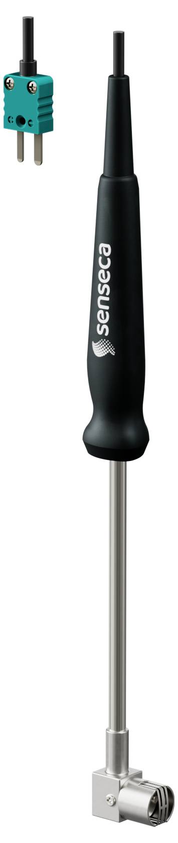 Ein tragbarer Temperatursensor mit einer Metallsonde und schwarzem Griff wird gezeigt; ein separater grün-schwarzer T-Typ-Thermoelementanschluss wird dargestellt.