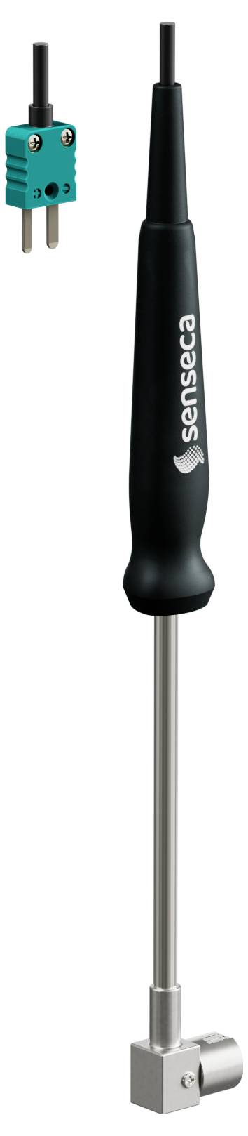 Temperatursonde mit schwarzem Griff und Metalstab, beschriftet mit 'Senseca'. In der Nähe befindet sich ein grüner Stecker mit zwei Anschlüssen.