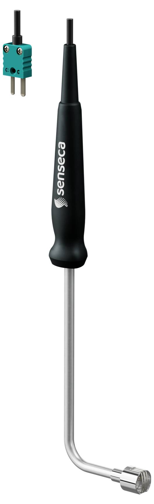 Eine schwarzgriffige Temperaturmesssonde mit einem gebogenen Edelstahlschaft und Anschluss, mit der Bezeichnung 'Sensea', zusammen mit einem kleinen grünen Thermoelement-Stecker abgebildet.
