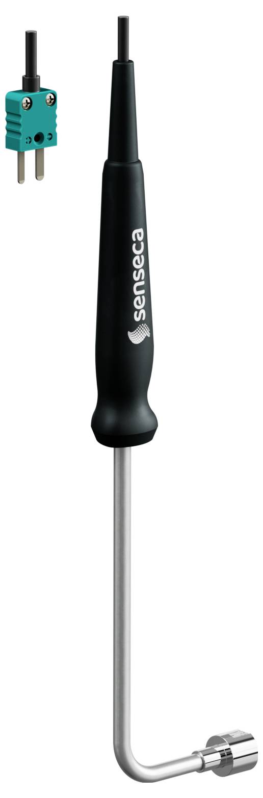 Eine Temperaturmesssonde mit einem grünen Anschluss und einer L-förmigen Metallfühlerspitze, die mit 'senseca' markiert ist.
