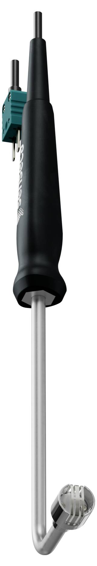 Ein industrielles Thermometer mit schwarzem Griff, einer Metallsonde und einem grünen Anschluss zur Temperaturmessung.