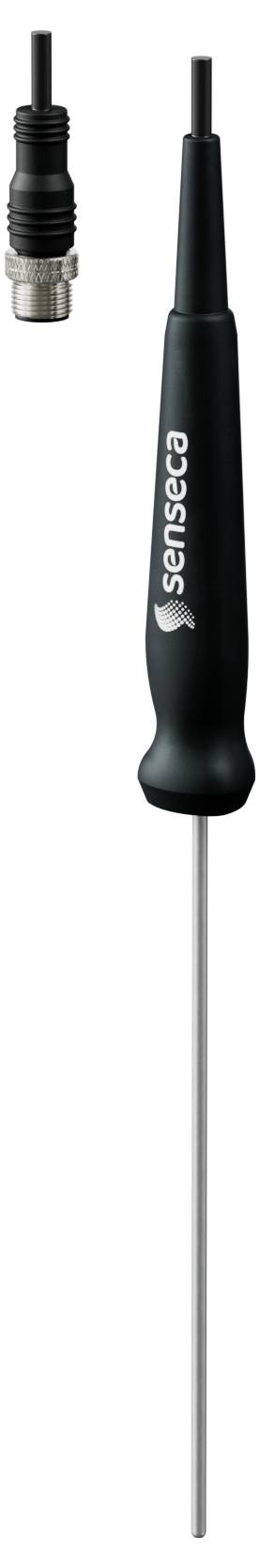 Eine lange Metalltemperatursonde mit einem schwarzen Griff und einem angeschlossenen Kabel, die wahrscheinlich zur Messung der Temperatur verschiedener Substanzen verwendet wird.
