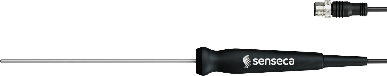 Ein Temperatursensor mit einer langen Sonde und einem schwarzen Griff, beschriftet mit 'senseca', der an ein Kabel mit einem Metallstecker angeschlossen ist.
