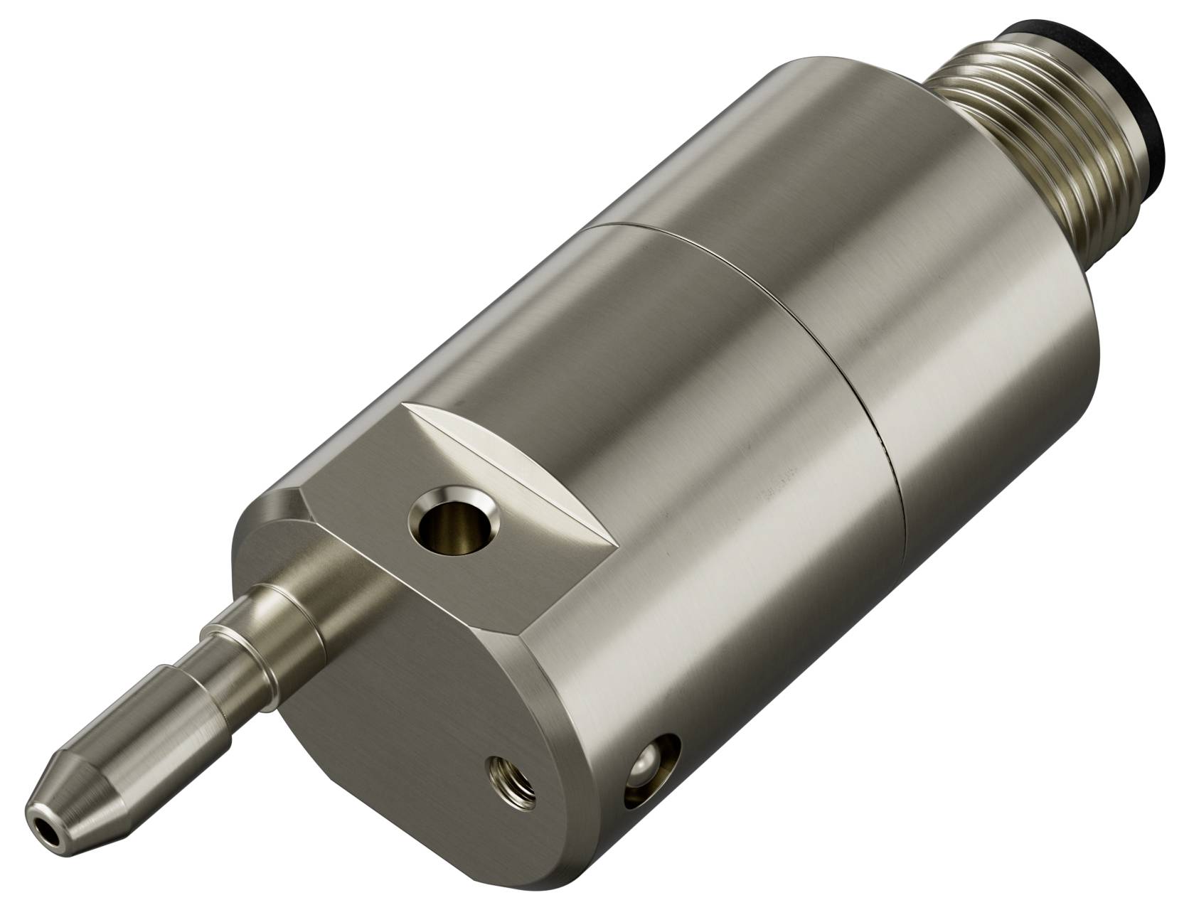 Rostfreier Pneumatikzylinder mit Düse und Gewindeanschluss, verwendet in industriellen Anlagen zur präzisen Luftsteuerung.