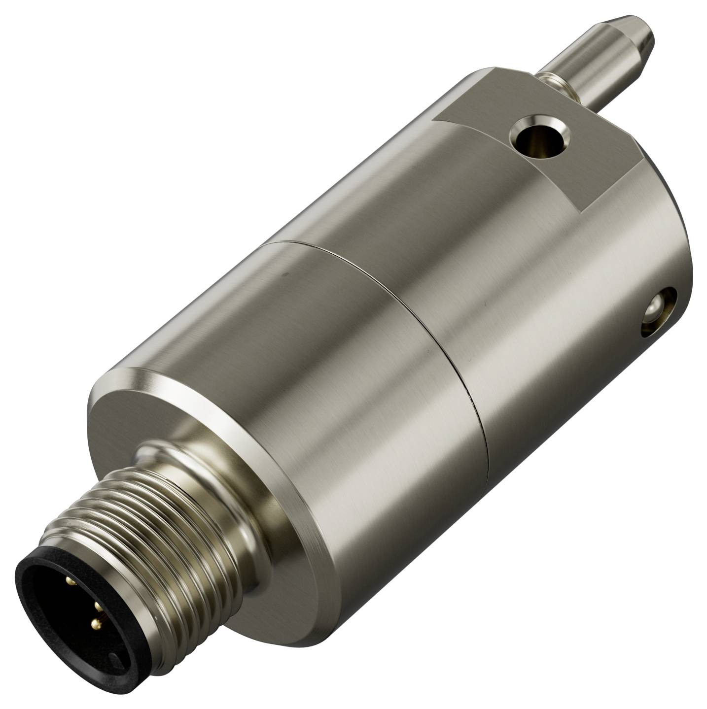 Ein metallischer zylindrischer Verbinder mit einem Gewinde am Ende und zwei kleinen Öffnungen, möglicherweise für elektrische oder Fluidverbindungen, auf einem weißen Hintergrund.