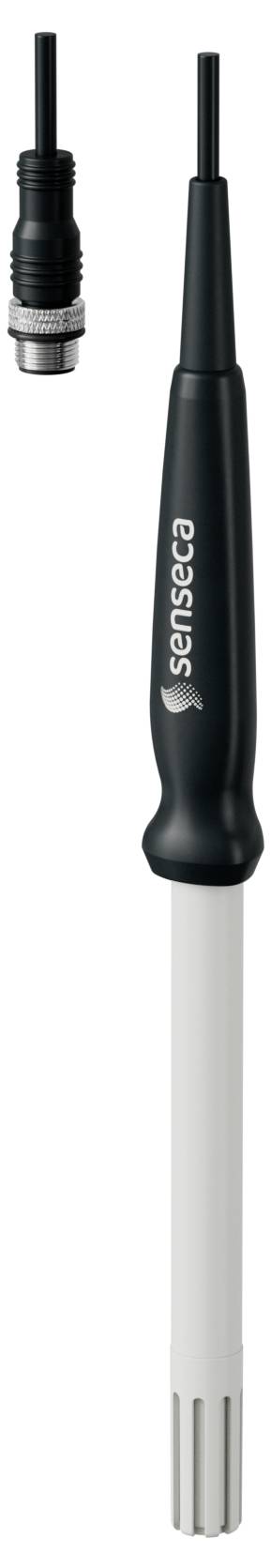 Eine Sensorex pH-Sonde mit schwarzem Griff und weißer zylindrischer Spitze, die zur Messung des pH-Wertes verwendet wird, zusammen mit einem kompatiblen Kabelanschluss gezeigt.