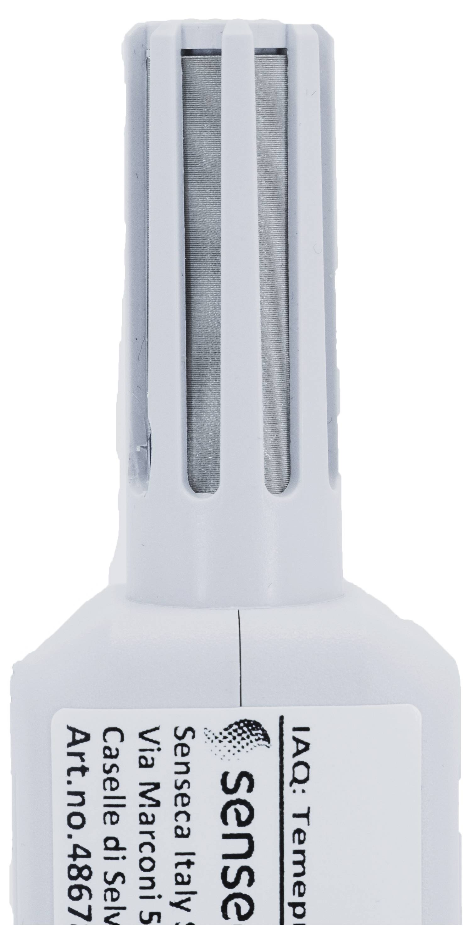 Ein weißes Sensorgerät mit mehreren vertikalen Schlitzen an der Oberseite für den Luftstrom, das vorne mit 'IAQ: Temperatur- und Feuchtigkeitssensor' beschriftet ist.