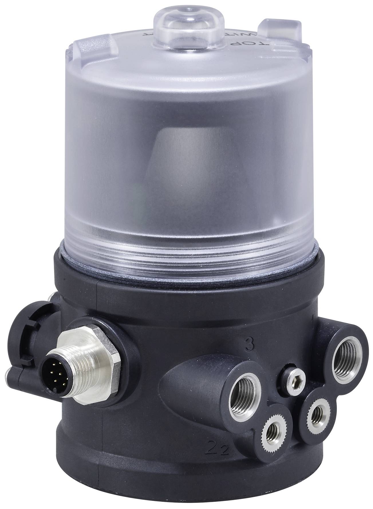 Ein schwarzes, elektrisches Ventil mit mehreren Anschlüssen und einem transparenten oberen Teil. Es verfügt über einen runden Stecker auf der linken Seite.