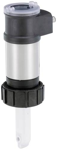 Getränkespender-Pumpe aus Edelstahl und Kunststoff, mit schwarzer Verschlusskappe und durchsichtigem Auslass, für präzises Dosieren.