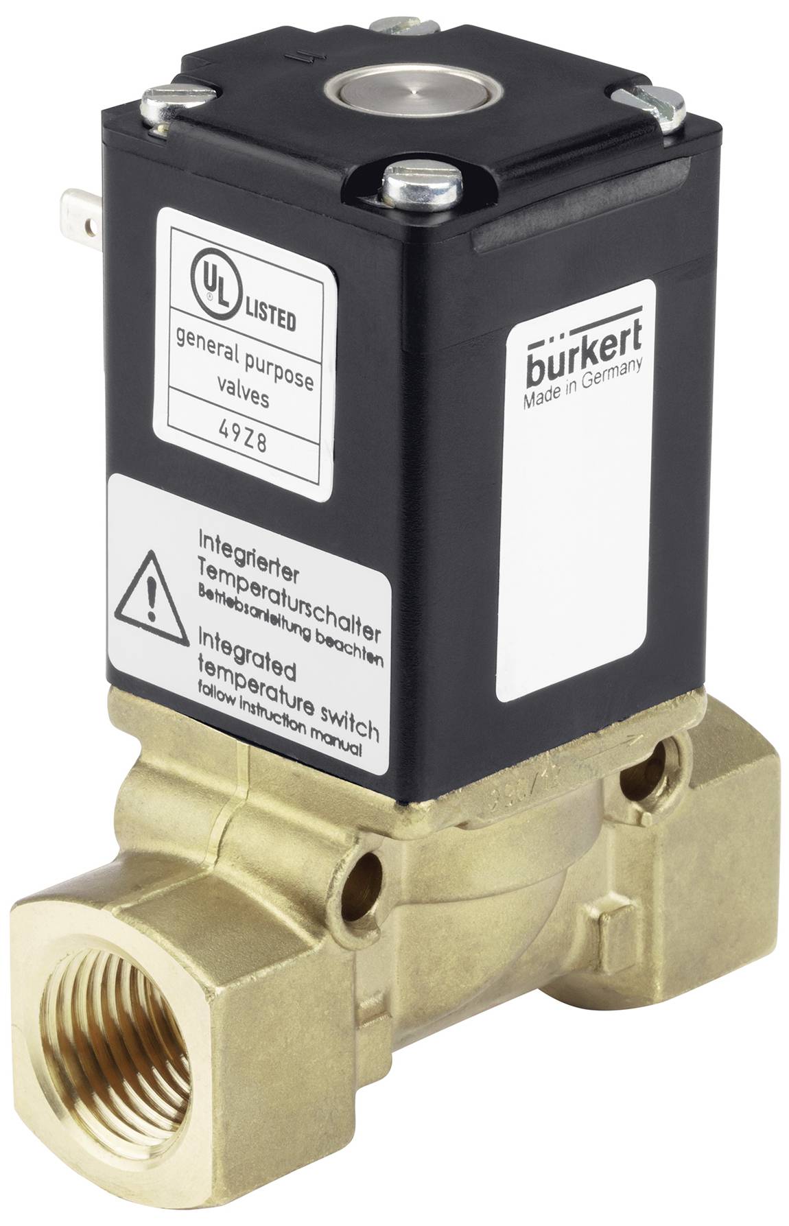 Ein Magnetventil von Bürkert, Modell für allgemeine Anwendungen, aus Messing und schwarzem Gehäuse, mit UL-Zertifizierung.