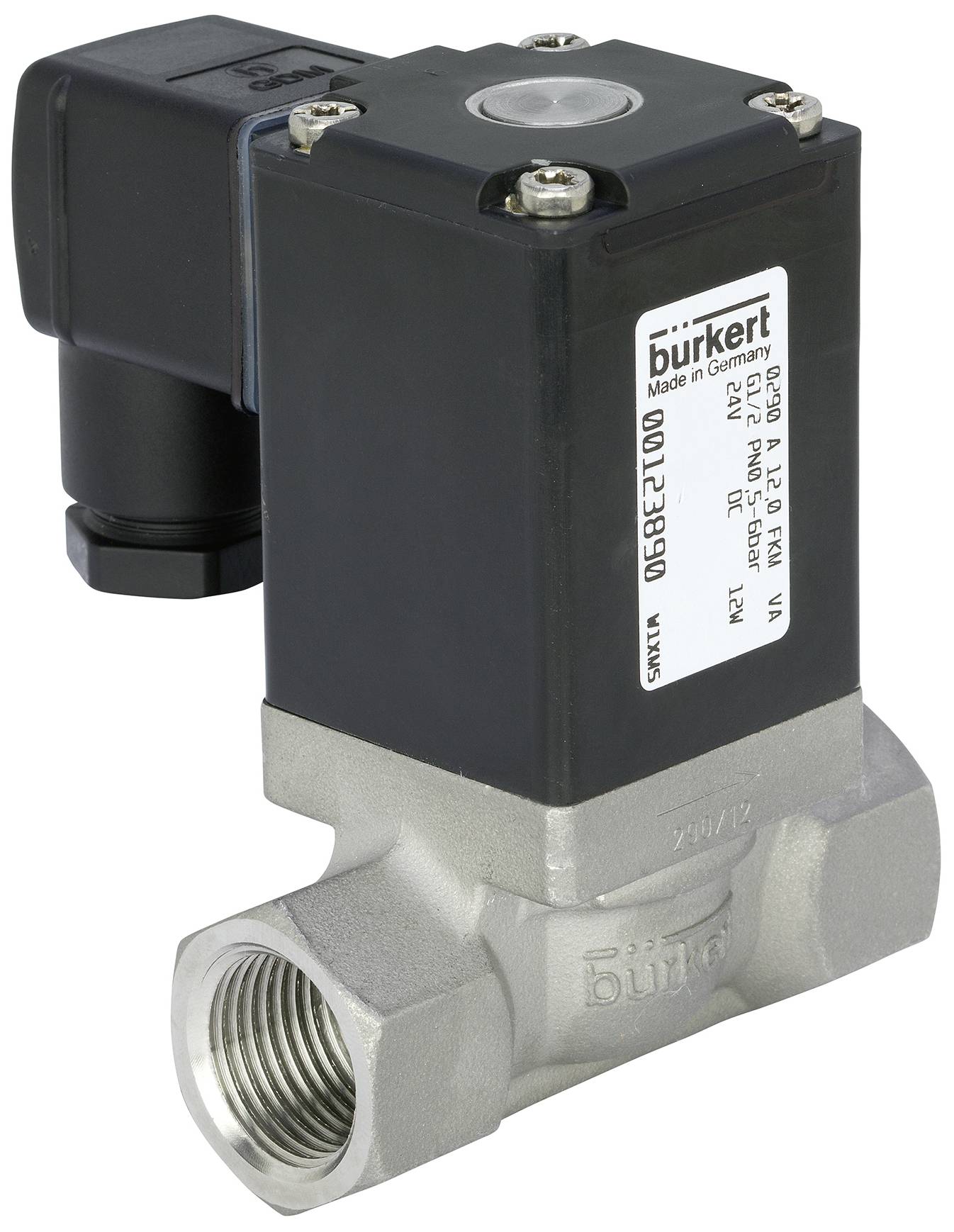 Ein elektromagnetisches Ventil von Bürkert mit schwarzem Gehäuse und Metallgewinde, geeignet für Flüssigkeitsregelung in Rohrsystemen.