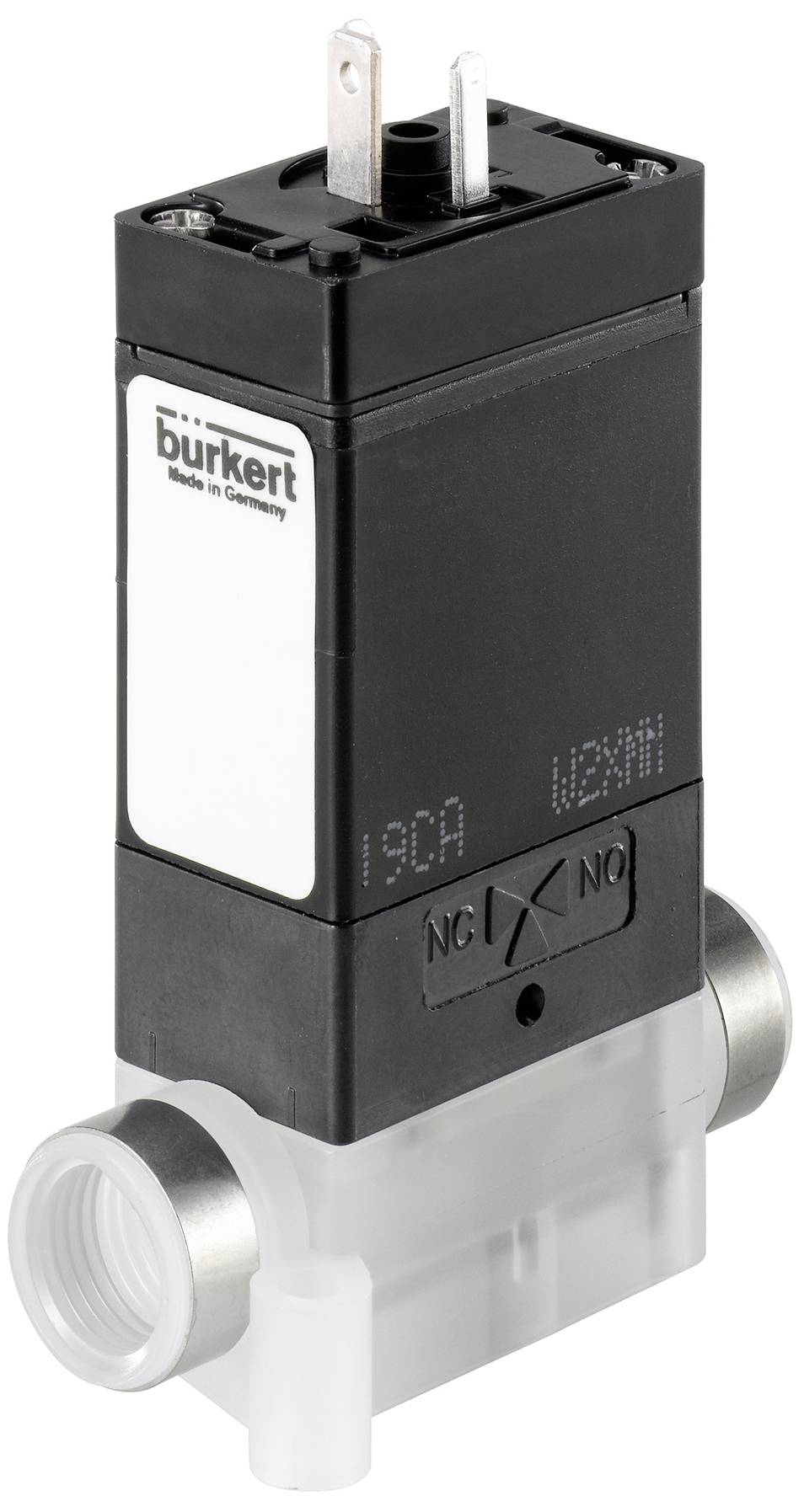Elektromagnetisches Ventil von Bürkert, rechteckige Form, mit zwei metallischen Anschlüssen an der Oberseite und transparentem Basisteil.