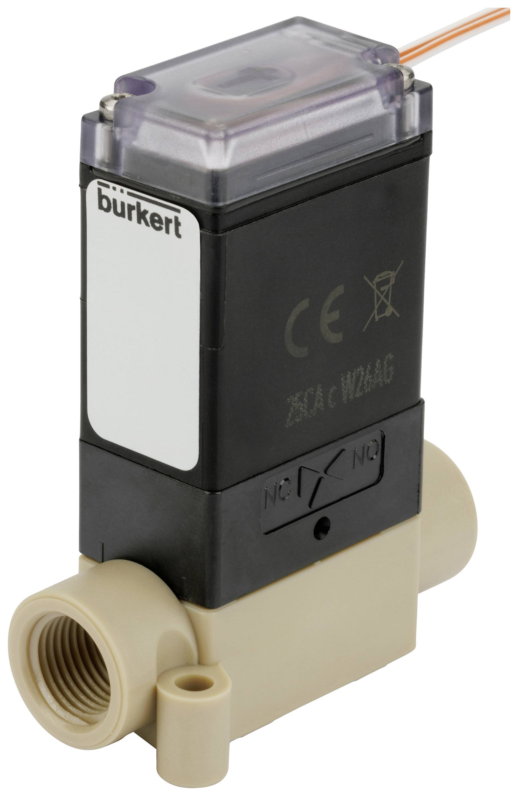 Ein elektromagnetisches Ventil der Firma Bürkert, schwarz mit beigem Anschluss, geeignet für die Steuerung von Flüssigkeits- oder Gasflüssen.