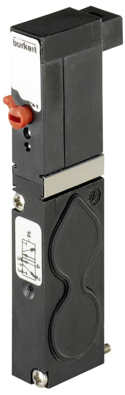 Ein schwarzes, rechteckiges Bauteil mit metallischen Akzenten, einem roten Knopf oben und einer schematischen Zeichnung auf der Seite.