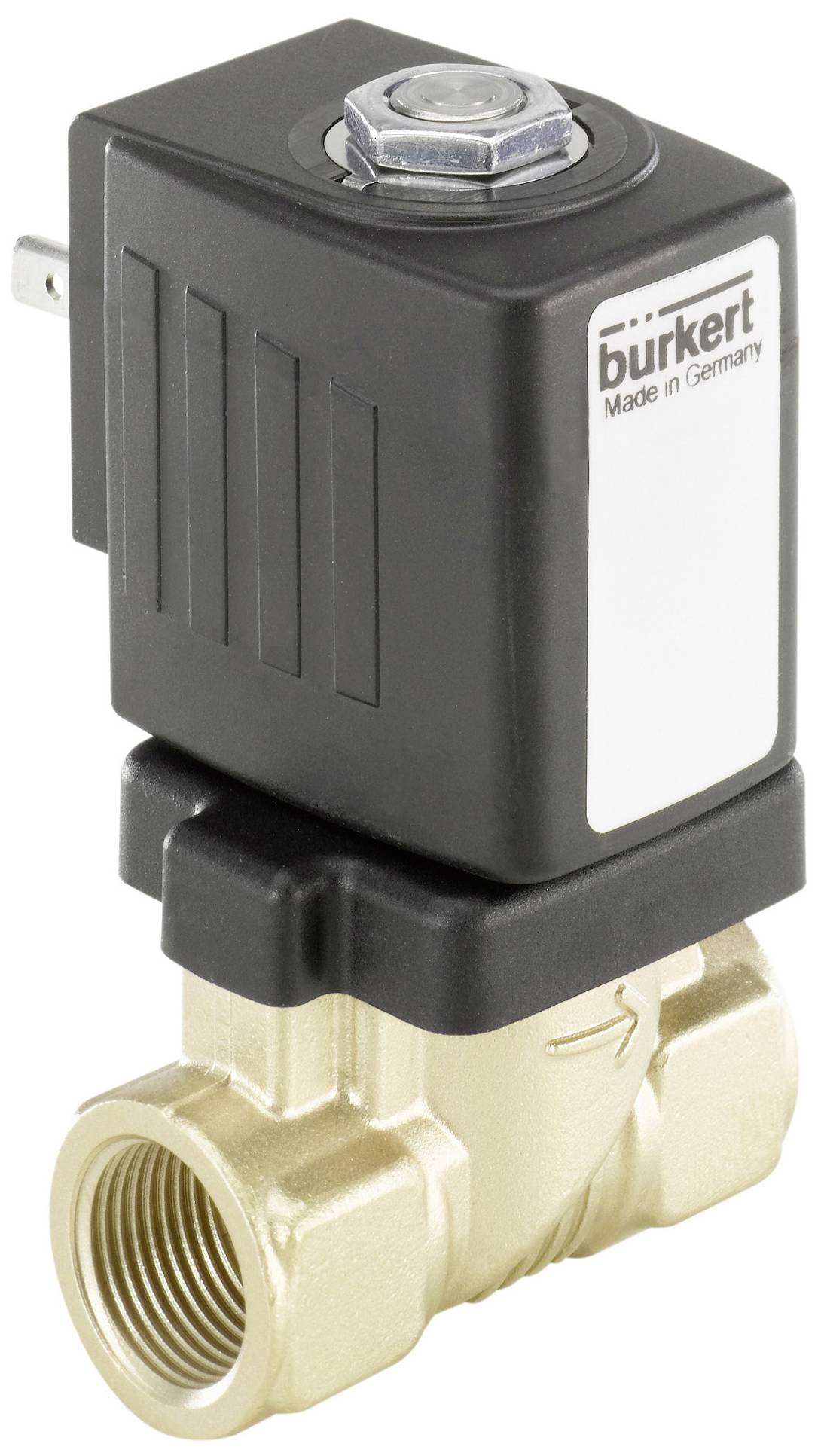 Ein Magnetventil aus Messing mit schwarzem Gehäuse, hergestellt in Deutschland, mit Aufschrift 'burkert'.