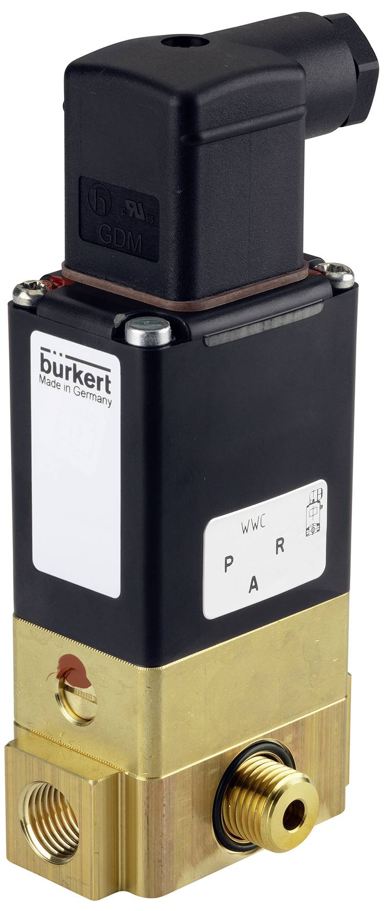 Ein rechteckiges Ventil aus Metall mit einem schwarzen Kunststoffteil oben. Beschriftung: 'burkert, Made in Germany'.
