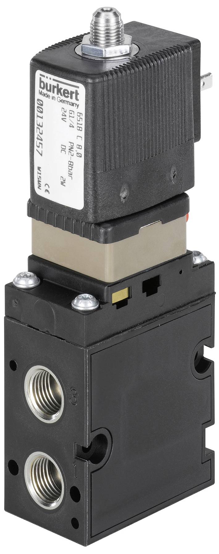 Ein elektromagnetisches Ventil mit schwarzem Gehäuse und silbernem Anschluss für industrielle Anwendungen. Zwei Ein- und Auslassöffnungen sichtbar.