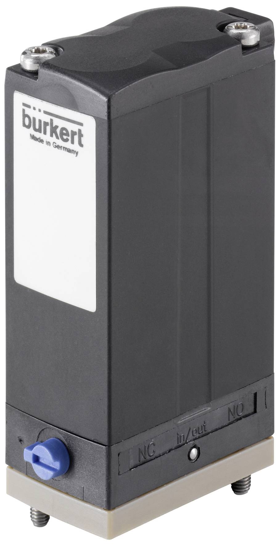 Ein schwarzes, rechteckiges Ventil mit weißem Etikett 'burkert, Made in Germany', blauer Drehknopf unten. Hauptsächlich industriell genutzt.