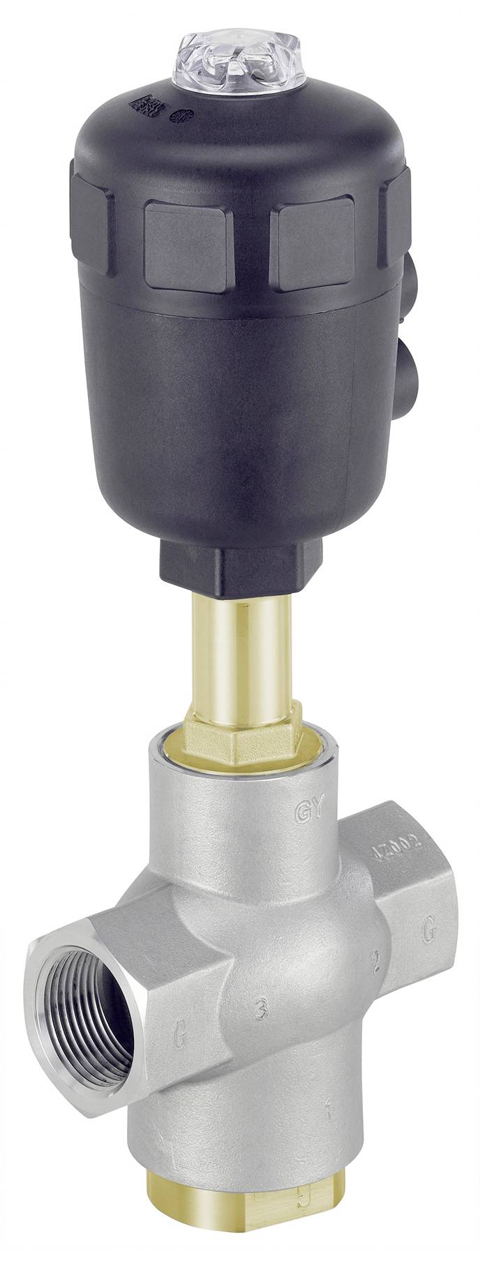 Ventil mit schwarzem Drehknopf und silbernem Gehäuse, geeignet für industrielle Anwendungen.