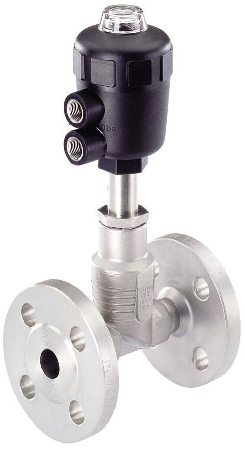 Ventil mit elektrischem Antrieb, bestehend aus einem metallischen Körper und zwei Flanschen. Es dient zur Steuerung des Durchflusses von Flüssigkeiten oder Gasen in Rohrleitungen.