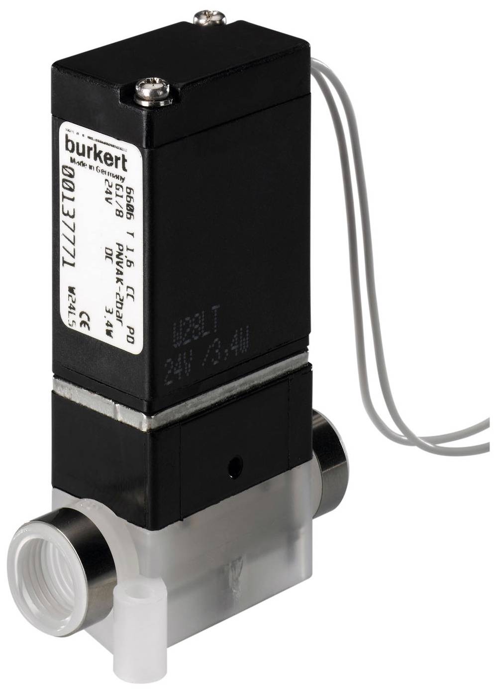 Ein Magnetventil von Bürkert mit schwarzem Gehäuse und transparentem Anschlussstück. Es hat elektrische Anschlüsse und ist für die Steuerung von Flüssigkeiten oder Gasen geeignet.