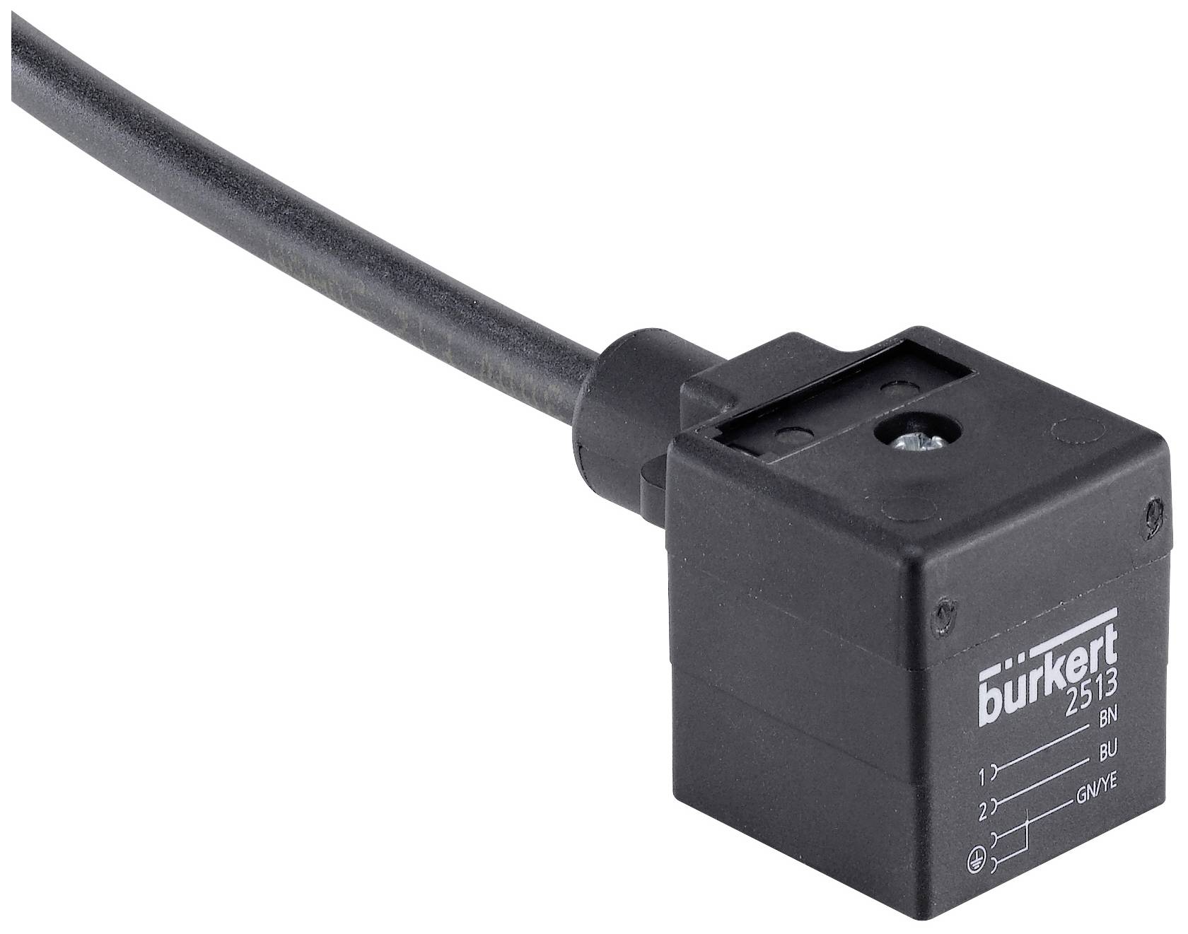Kabel mit schwarzem rechteckigem Steckverbinder und Aufschrift 'bürkert 2513'.