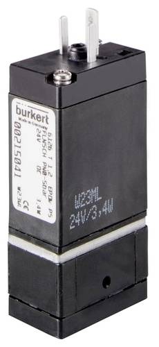 Ventilbauteil mit Bürkert-Logo, zeigt Monoblock-Design mit Ventilstift und Aufschrift 'U23ML 24V/3.4W' für technische Anwendungen.