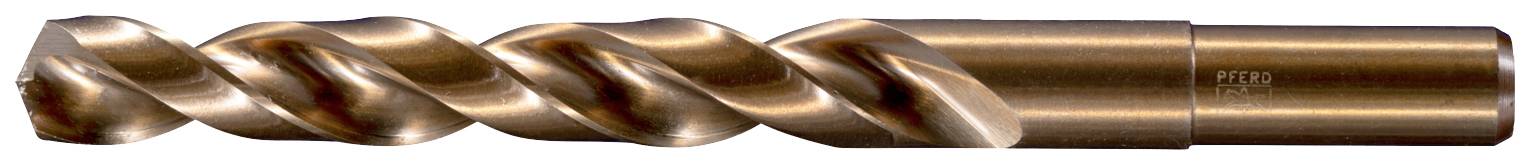 Ein kupferfarbener Spiralbohrer, der zum Bohren in Metall verwendet wird, ist horizontal ausgerichtet und hat zwei Schneidkanten.