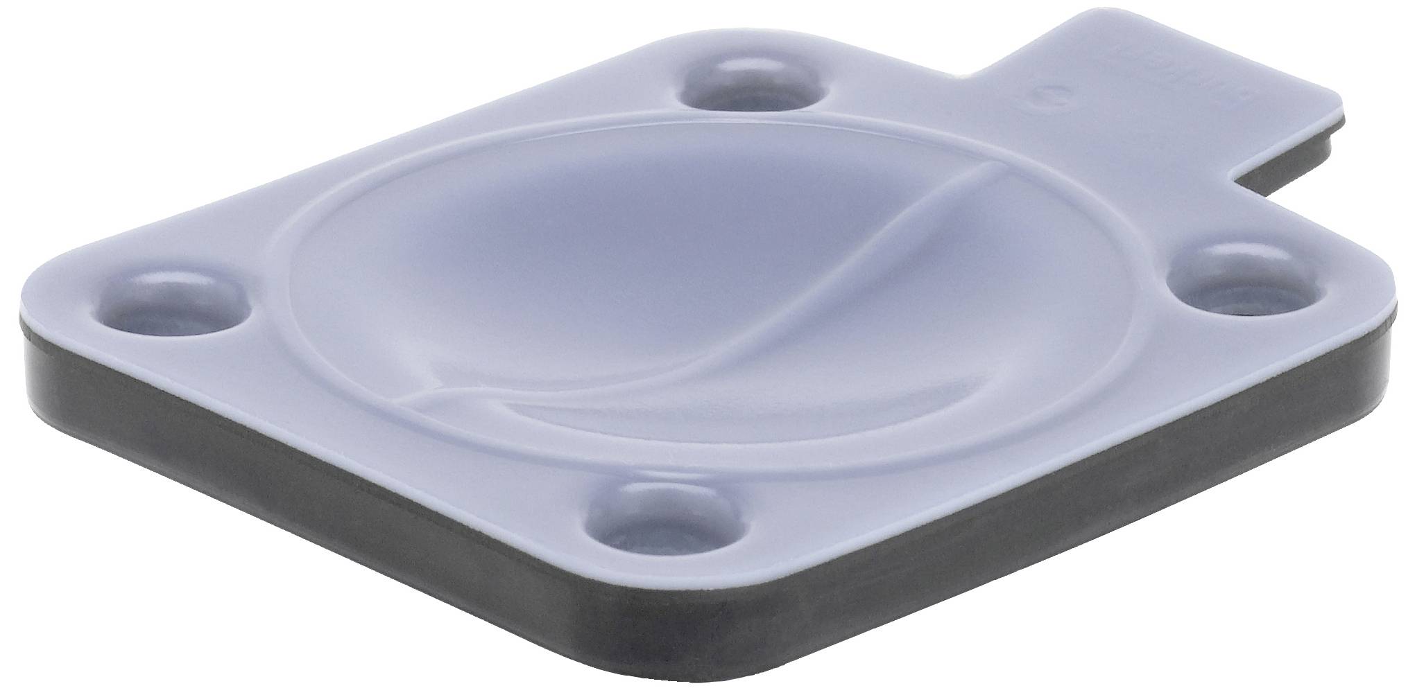 Gummiklappe mit vier Befestigungsöffnungen, leicht gewölbte Oberfläche. Mögliche Verwendung als Dichtung in technischen Geräten.