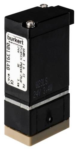 Ein kleines, schwarzes elektromagnetisches Ventil mit Beschriftung 'burkert'. Es steuert den Fluss in einem Flüssigkeits- oder Gassystem.