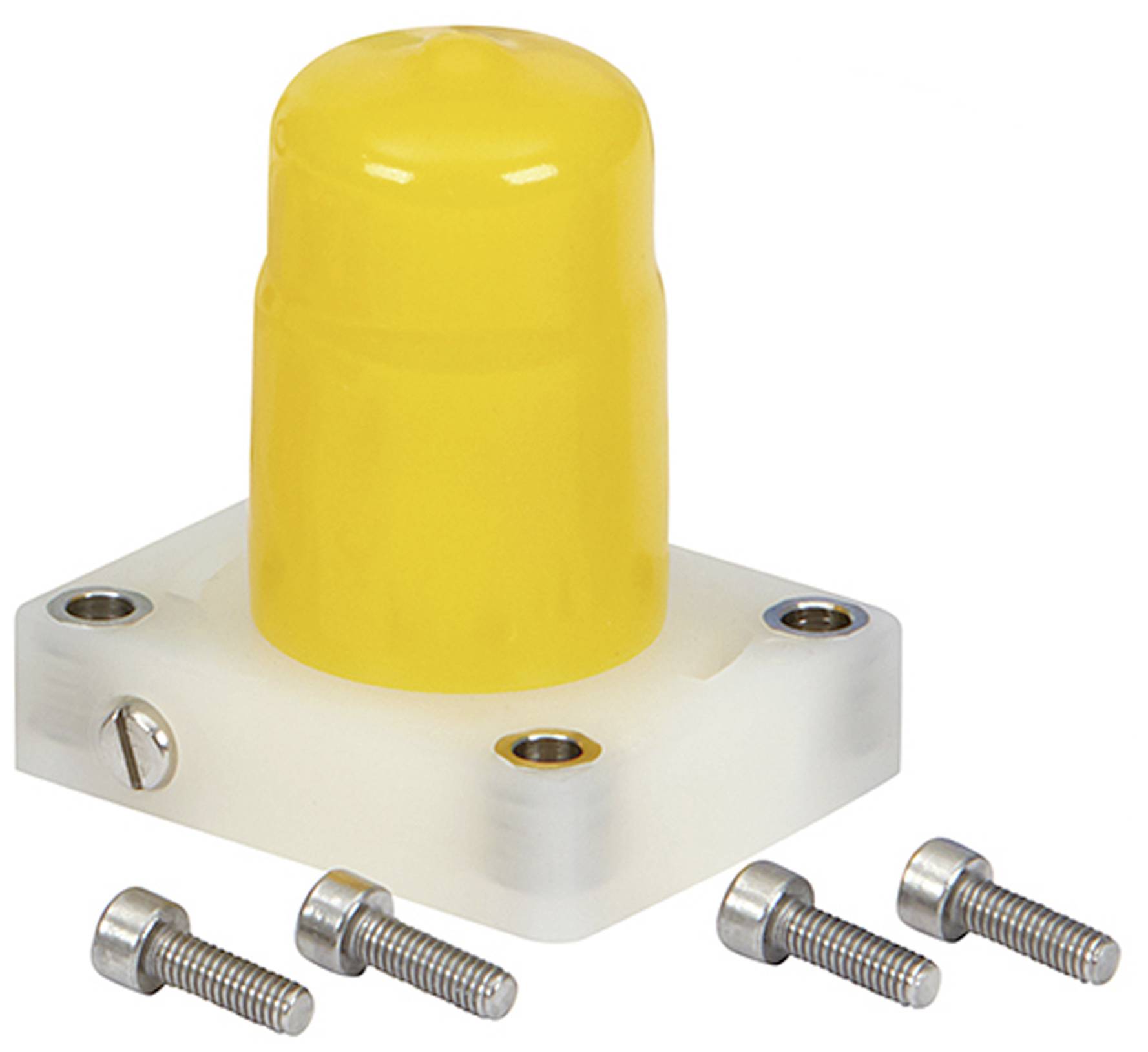 Ein gelber, zylindrischer Sensor auf einem weißen Sockel. Daneben liegen vier silberne Schrauben, bereit zur Montage.