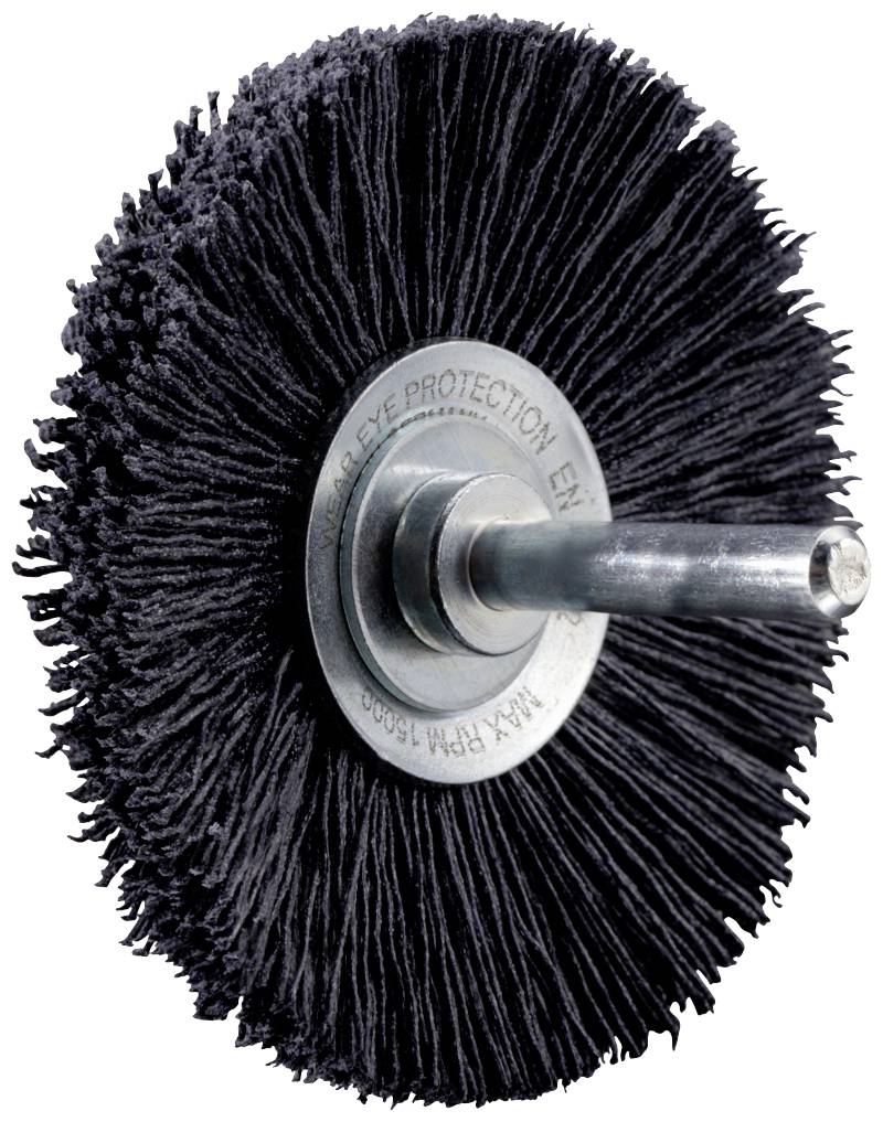Runde, schwarze Drahtbürste mit Metallstab in der Mitte, verwendet für das Reinigen oder Entrosten von Oberflächen.