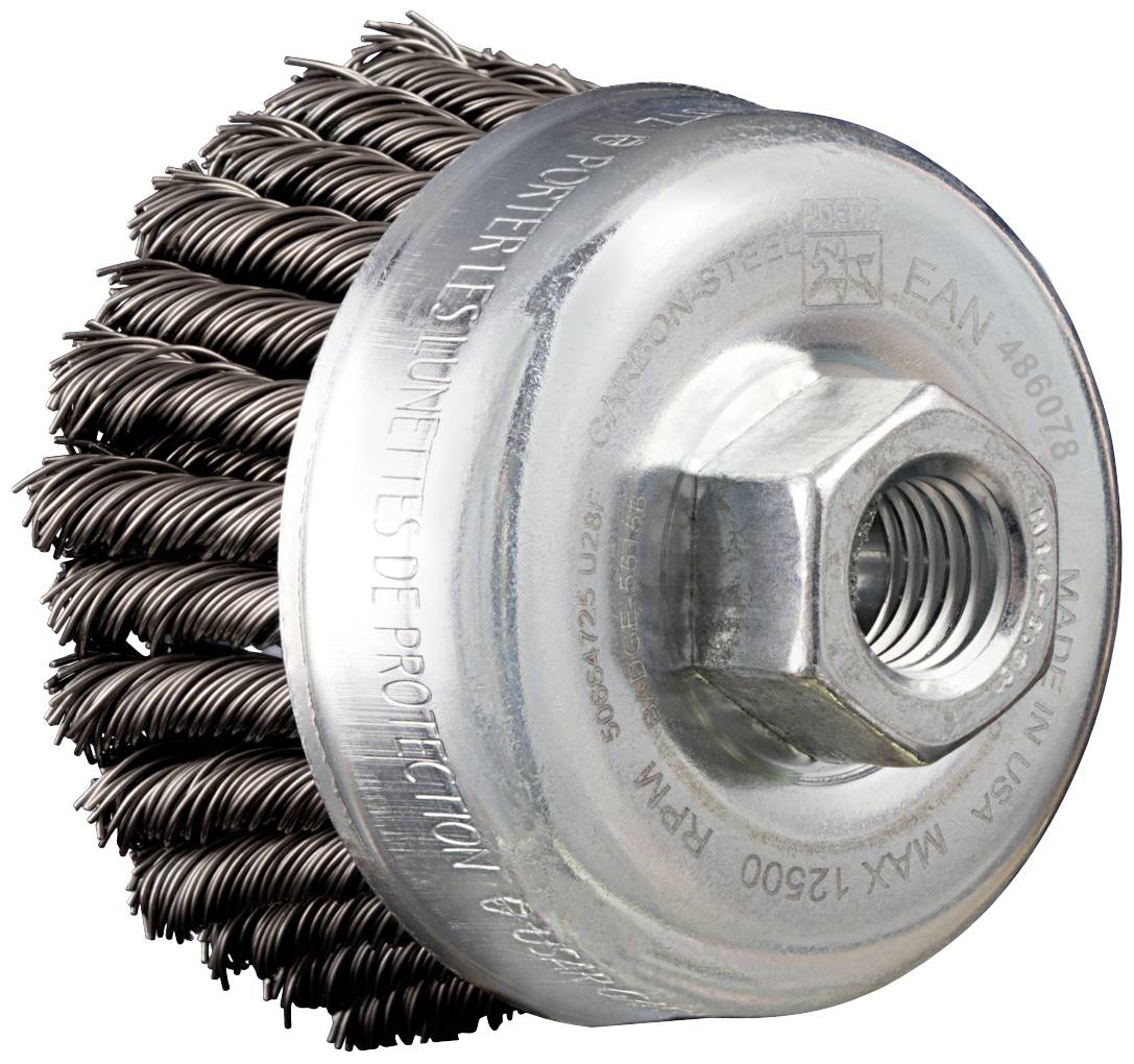 Metallbürstenaufsatz mit Schraubenloch, Borsten aus Draht. Geeignet für die Reinigung und Politur von Metalloberflächen.